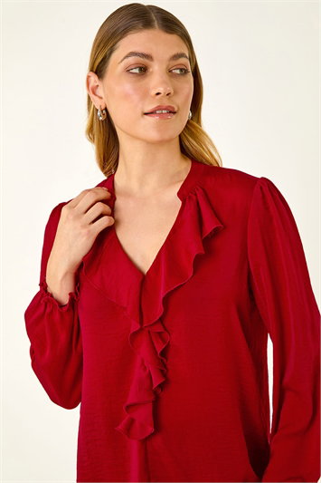 Red Satin Ruffle Neck Blouse