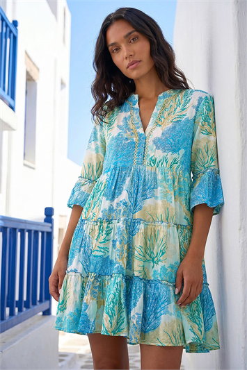 Blue Cotton Printed Frill Smock Dress