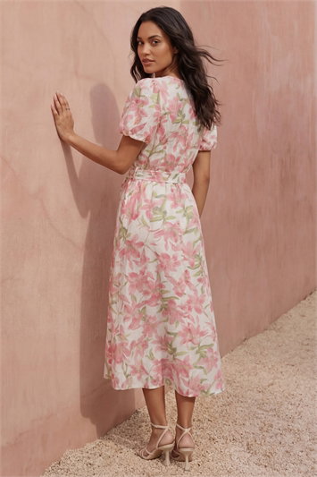 Floral Print Puff Sleeve Midi Dress 14890772