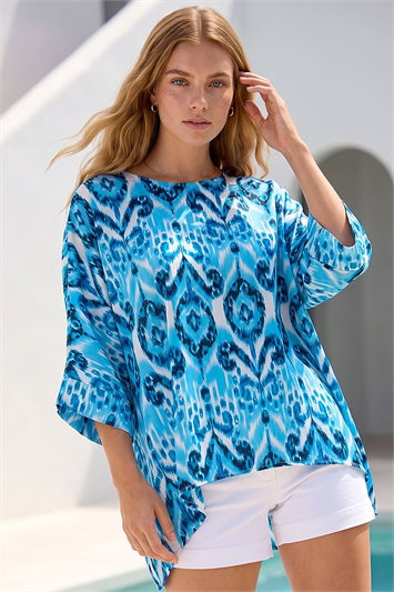 Blue Ikat Print Tunic Top