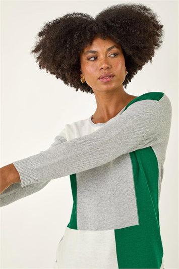 Grey Ribbed Colour Block Knit Jumper