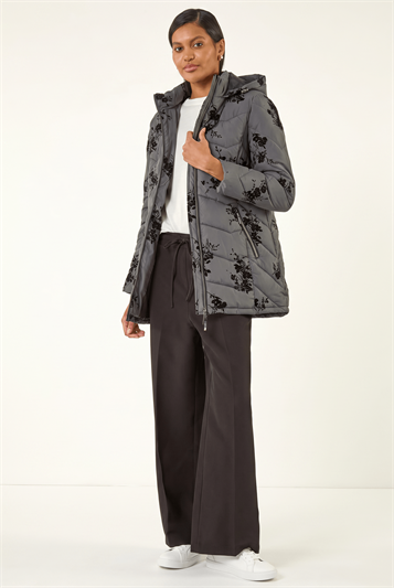 Grey Floral Flock Padded Coat