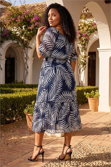 Curve Leaf Print Tie Neck Midi Dress 14585660