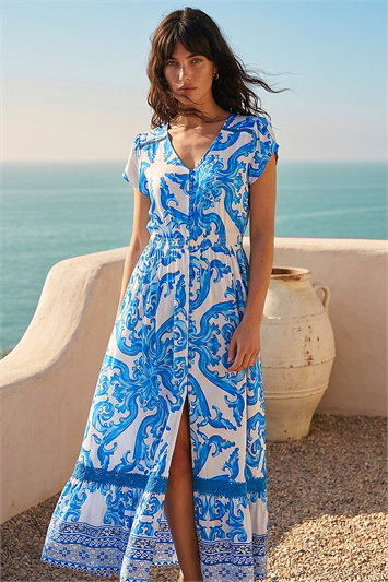 Border Print Button Dress 14852809