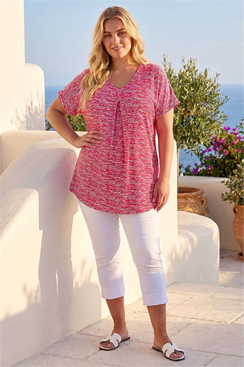Curve Pleat Front Printed Stretch Top 19317172