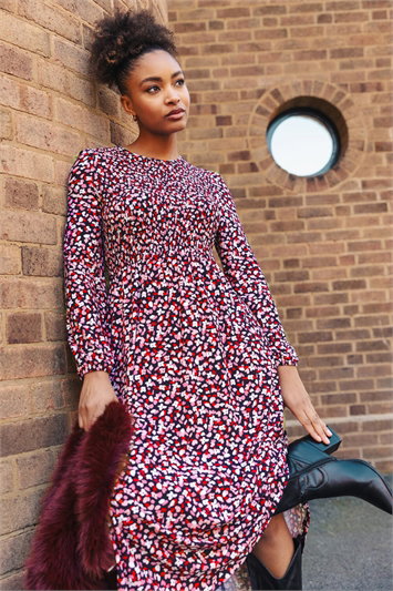 Pink Ditsy Floral Shirred Midi Dress