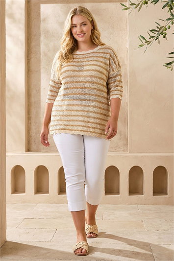 Cream Curve Scallop Hem Stripe Knit
