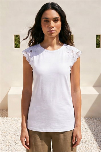 White Cotton Lace Cut Out Detail Top