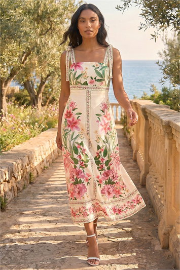 Cream Tropical Print Sequin Midi Dress