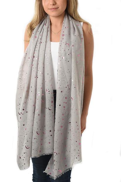 Grey Foil Star Moon Lighweight Scarf