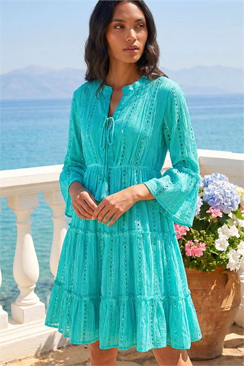 Blue Sequin Shimmer Tie Detail Smock Dress