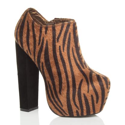 Brown High Block Heel Tiger Print Platform Ankle Boots