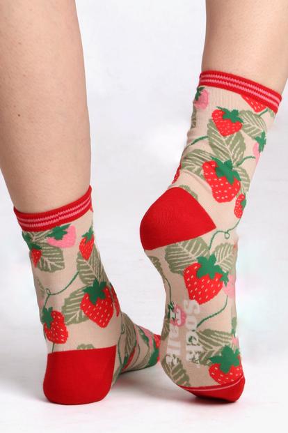 Cream Strawberry Fruit Bamboo Socks In Cream