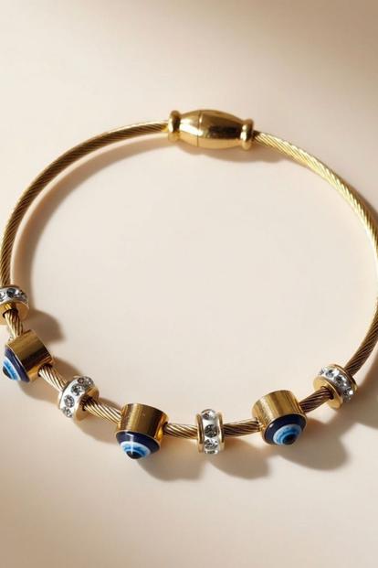 Metallic Blue Evil Eye Brass Rose Gold Zircon Magnetic Bangle Bracelet