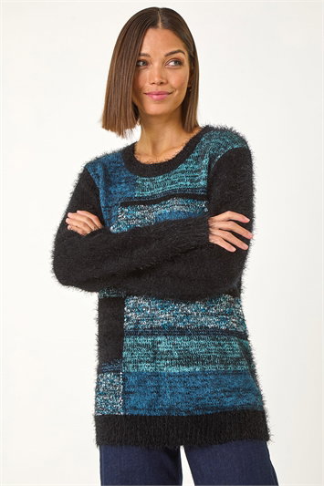 Green Colour Block Fluffy Knit Jumper