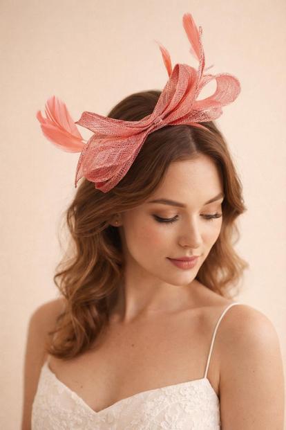 Pink Bow Shaped Fascinator With Sinamay Curls & Feathers