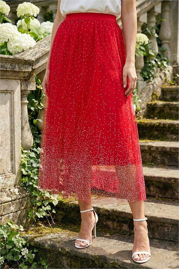 Red Polka Dot Print Elasticated Mesh Skirt