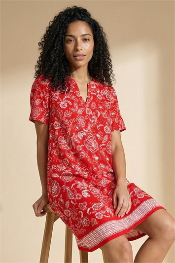 Red Paisley Print Linen Blend Shift Dress