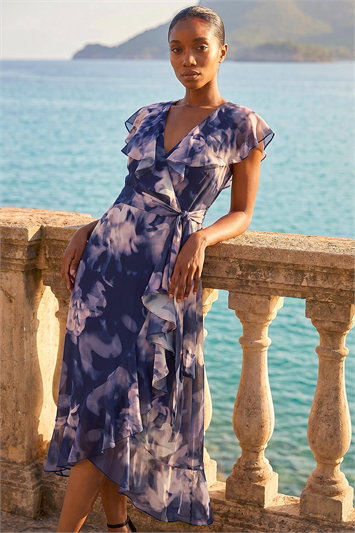 Blue Petite Floral Print Frill Midi Dress
