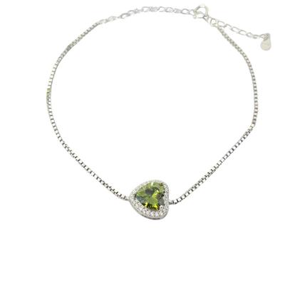 Metallic Peridot August Birthstone Love Heart Charm Sterling Silver Bracelet