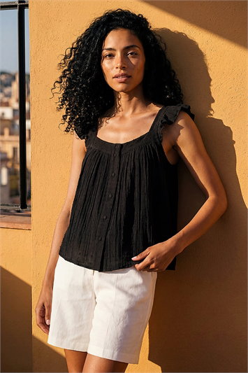 Black Textured Frill Sleeve Cami Top