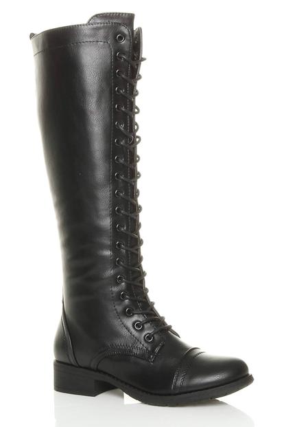 Black Lace Up Calf Zip Biker Military Boots