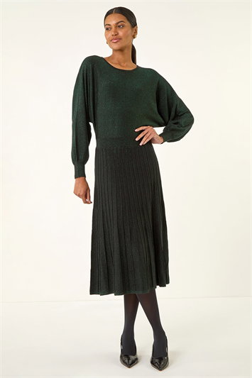Green Shimmer Pleated Knit Midi Dress