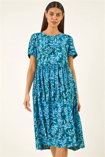 Blue Leaf Print Smock Midi Dress