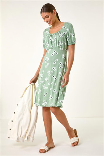 Green Floral Print Stretch Jersey Dress