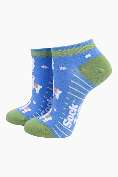 Blue Llama Floral Bamboo Trainer Socks In Blue
