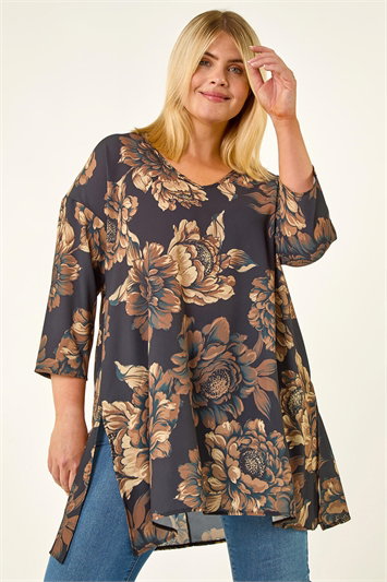 Brown Curve Floral Print Tunic Top