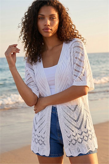 White Petite Pointelle Knit Cardigan