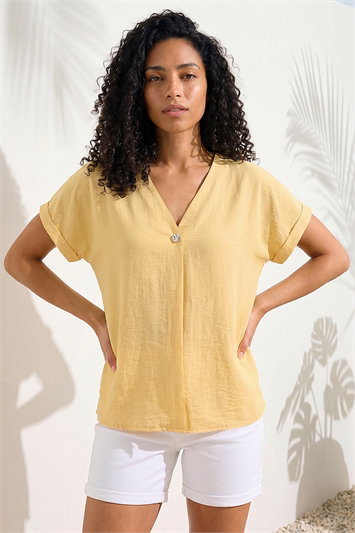 Yellow Pleat Front V-Neck Top