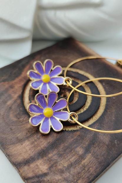 Purple The Colourful Aura Sunflower Charm Adjustable Dainty Hoop Earring