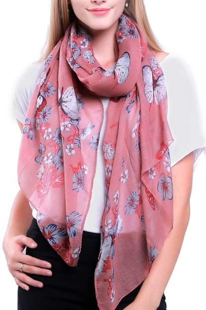 Pink Large Butterfly Print Lightweight Scarf
