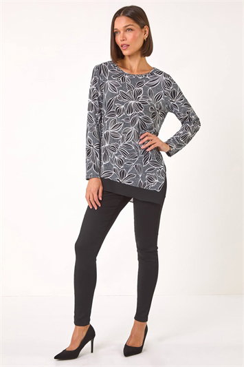 Floral Puff Print Chiffon Hem Top 19341208