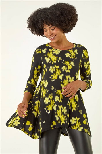 Yellow Floral Print Hanky Hem Top