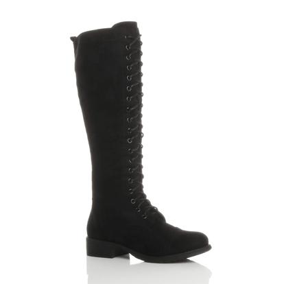 Black Biker Lace Up Military Calf Knee Boots