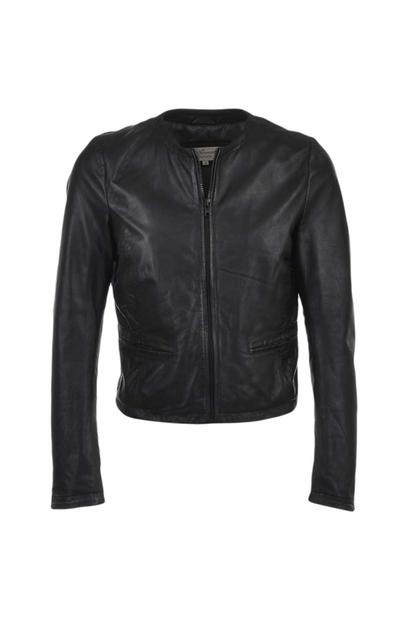 Black "Ethel" Real Leather Collarless Jacket