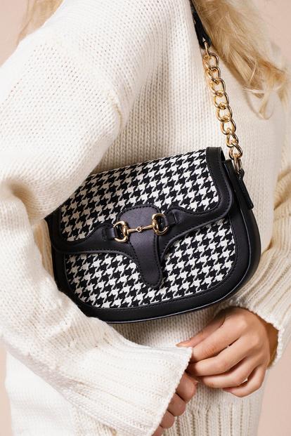 Black Houndstooth Shoulder Bag In Black & White