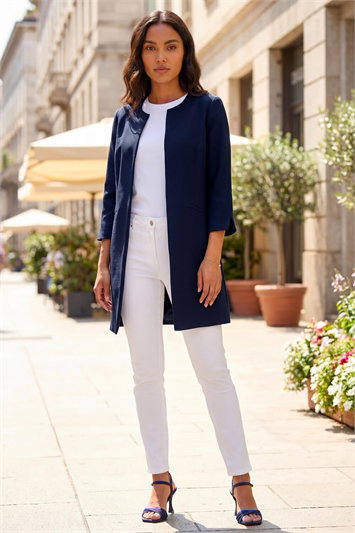 Blue 3/4 Sleeve Textured Longline Jacket