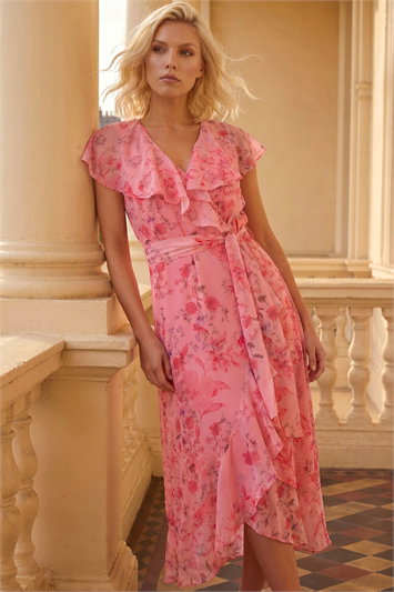 Pink Petite Floral Frill Midi Dress