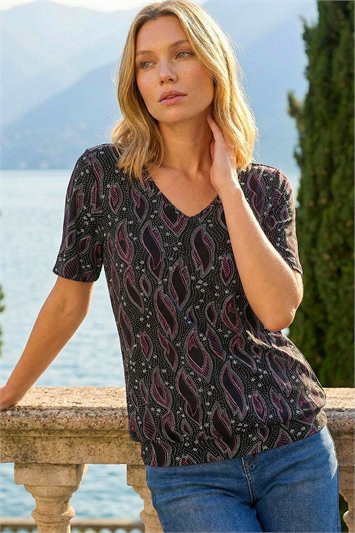 Black Printed Banded Hem Stretch Top