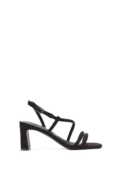 Black Strappy Slingback Mid Block Heel Sandals With Square Toe