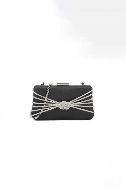 Black Satin Diamante Knot Detail Clutch Bag