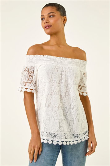 White Lace Detail Bardot Top