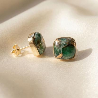 Green Emerald May Birthstone Gold Plated Stud Earrings