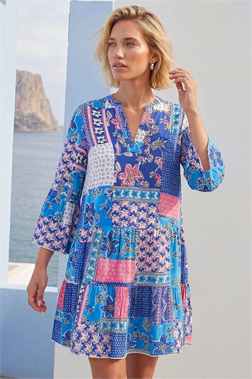 Blue Patchwork Print Swing Dress