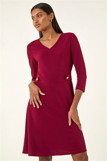 Red V-Neck Buttoned Stretch Dress