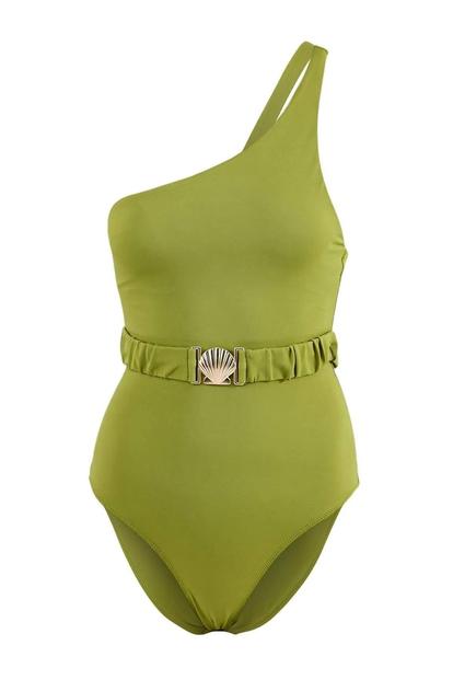 Black One Shoulder Belted Detail High Leg Swimsuit